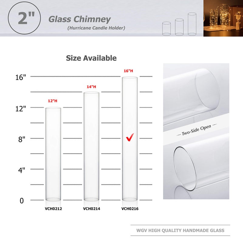 WGVI Hurricane Candle Holder Sleeve, Wide 2", Height 16", Clear Glass Cylinder Open Both Ends, Chimney Tube, Open Ended Candle Shade, 1 Piece - Image 3